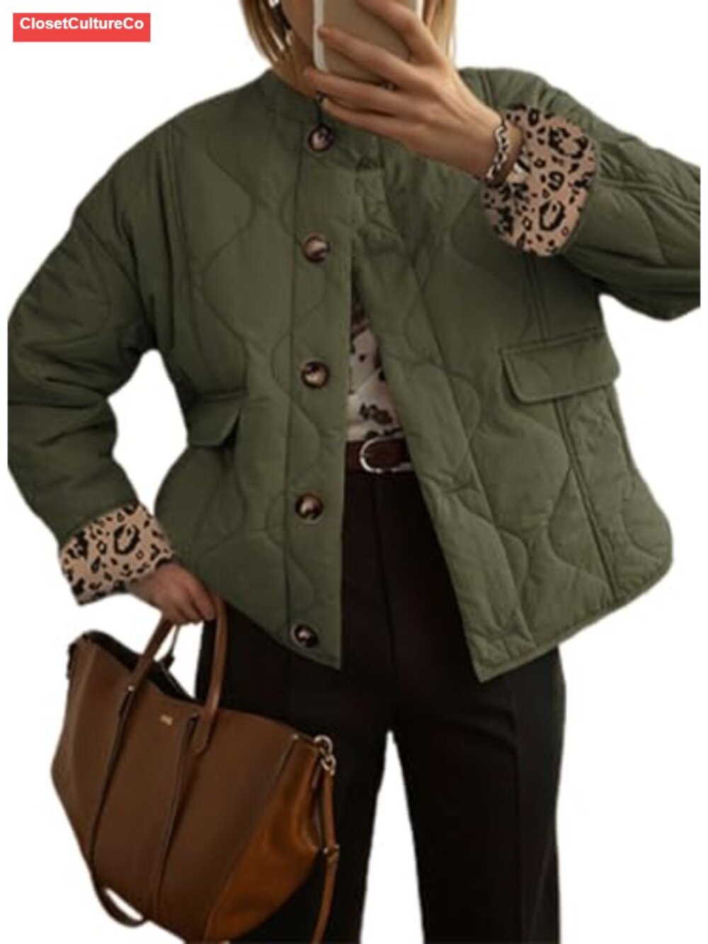 Women's Quilted Puffer Jacket Button Down Leopard Print Winter Coat Pockets